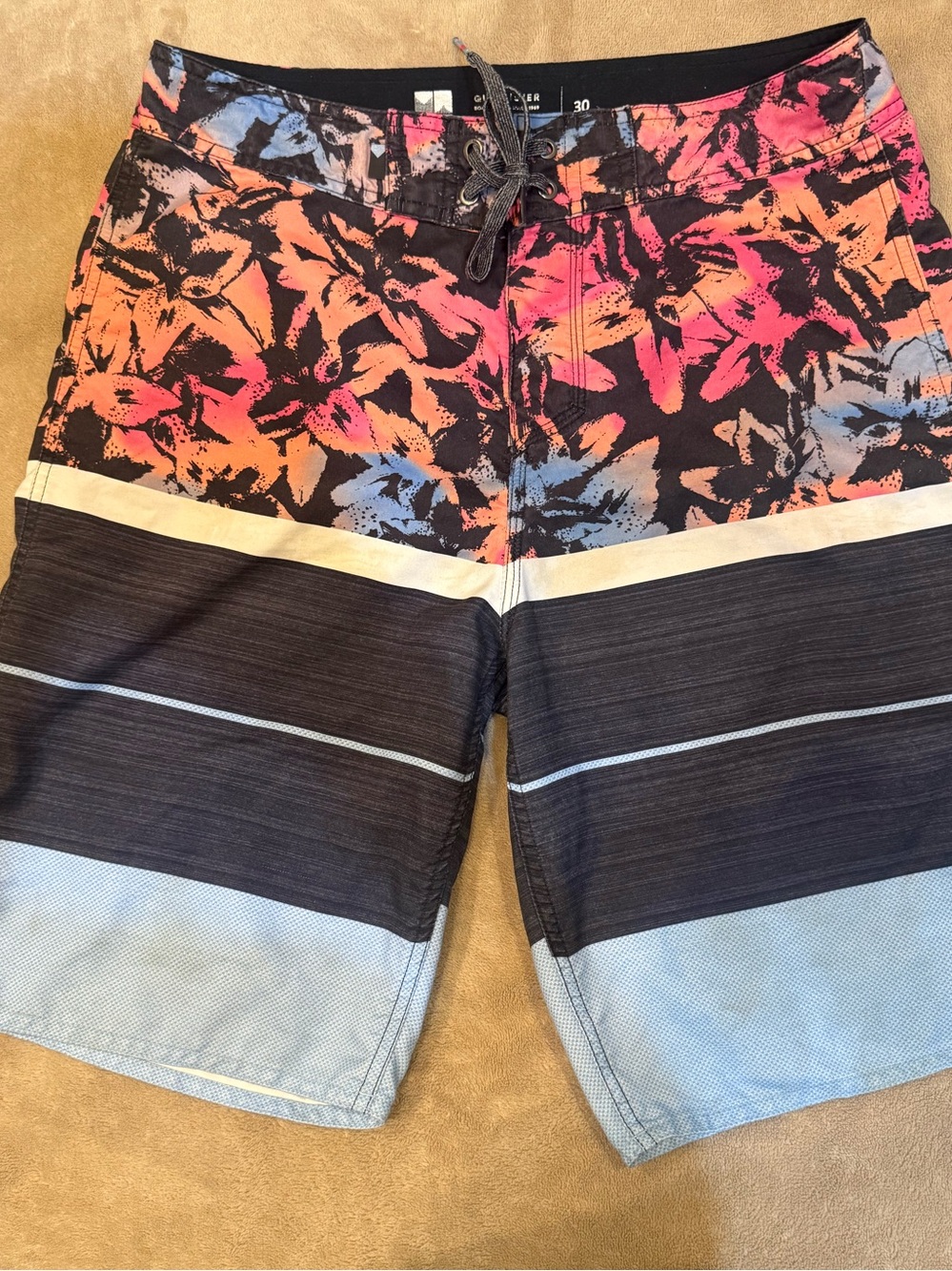 Quiksilver Men’s Black, Pink, Orange, Blue Floral & Stripe Board Shorts